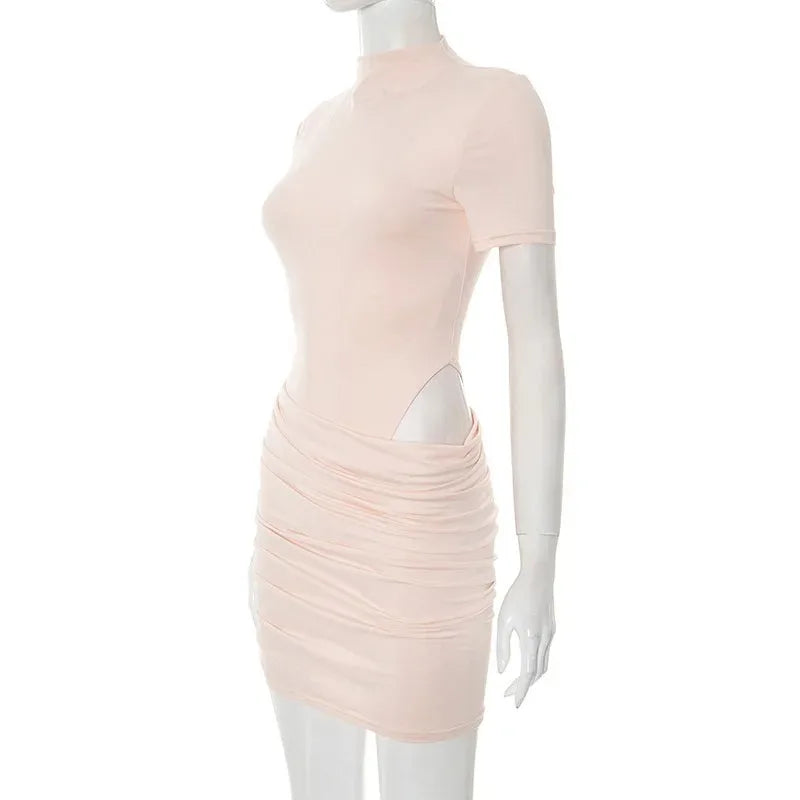 Women Hollow Out Short Sleeve Ruched Sexy Mini Dress for Women Fashion Half High Collar Skinny Club Party Dresses Female