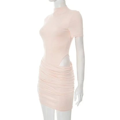 Women Hollow Out Short Sleeve Ruched Sexy Mini Dress for Women Fashion Half High Collar Skinny Club Party Dresses Female