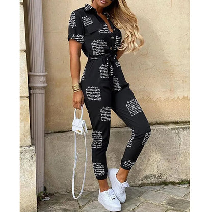 Women's Monochrome Jumpsuit 2024 Spring/Summer Comfortable Casual Flip Collar Printed Belt Work Dress Women's Jumpsuit