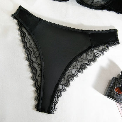 French Satin Lace Bra And Thong Set Sexy Ultrathint Lace Patchwork Lingerie Two Picec Sets Fancy Erotic Intimate Underwear Suit