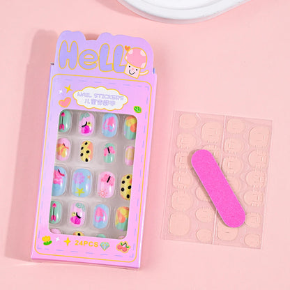 24Pcs Children Cartoon Nail Tips Colorful Cute Rabbit Pink Stars 6-14 Years old Girl Fake Nail With Jelly Glue Kids False Nail TC0002-2