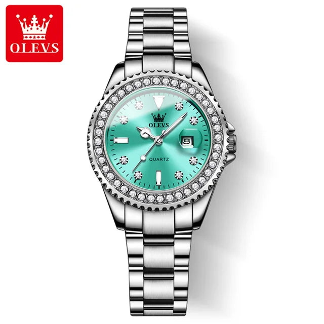 OLEVS Original Diamond Dial Quartz Watch for Women Fashion Elegant Ladies Watches Stainless Steel Waterproof Women's Wristwatch Silver Cyan-GDBQ
