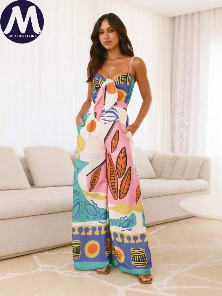 Jumpsuits for Woman Summer New Elegant Print Sleeveless Sling Tie A Knot Jumpsuits Fashionable Casual Loose Wide Leg Jumpsuit
