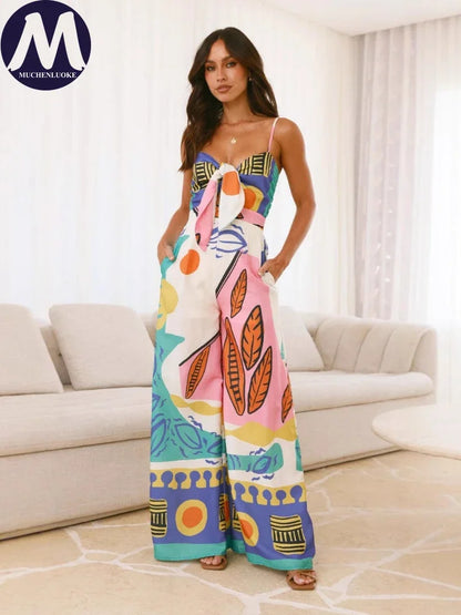 Jumpsuits for Woman Summer New Elegant Print Sleeveless Sling Tie A Knot Jumpsuits Fashionable Casual Loose Wide Leg Jumpsuit