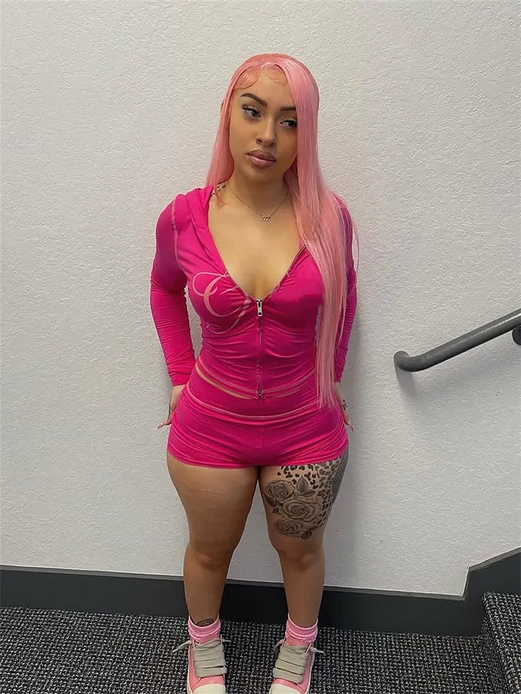 2025 Spring Fashion New Casual Women's Sets Long Sleeve Zipper Hoodie Tops and Pants Streetwear White Two 2 Piece Set Outfits rose red