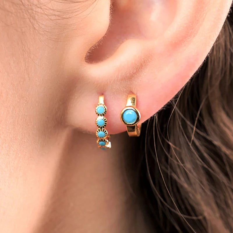 Korean Stainless Steel Turquoise Small Hoop Earrings For Women Round Circle Huggie Punk Unisex Rock Earring Piercing Jewelry