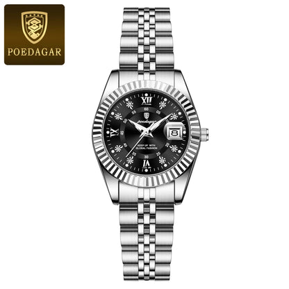 POEDAGAR Original Elegant Women's Watches Waterproof Luminous Date Women Watch Stainless Steel Quartz Fashion Ladies Wristwatch 780 Silver Black