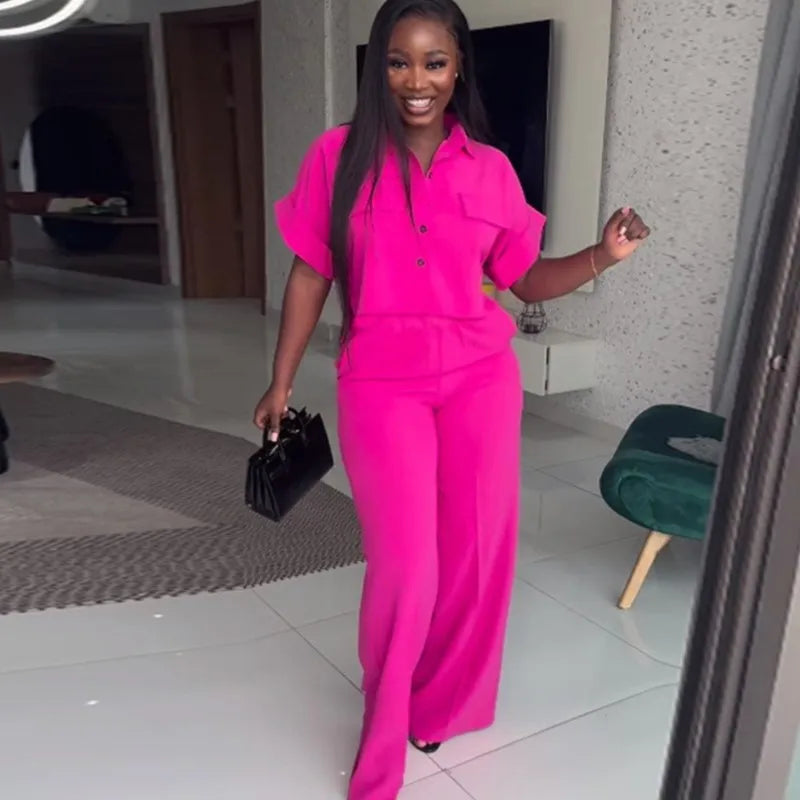 Women's Two Piece Sets Spring Summer Casual Solid Turn-down Neck Short Sleeve Loose Top & Wide Leg Pants Set Streetwear Outfits Rose Red CHINA