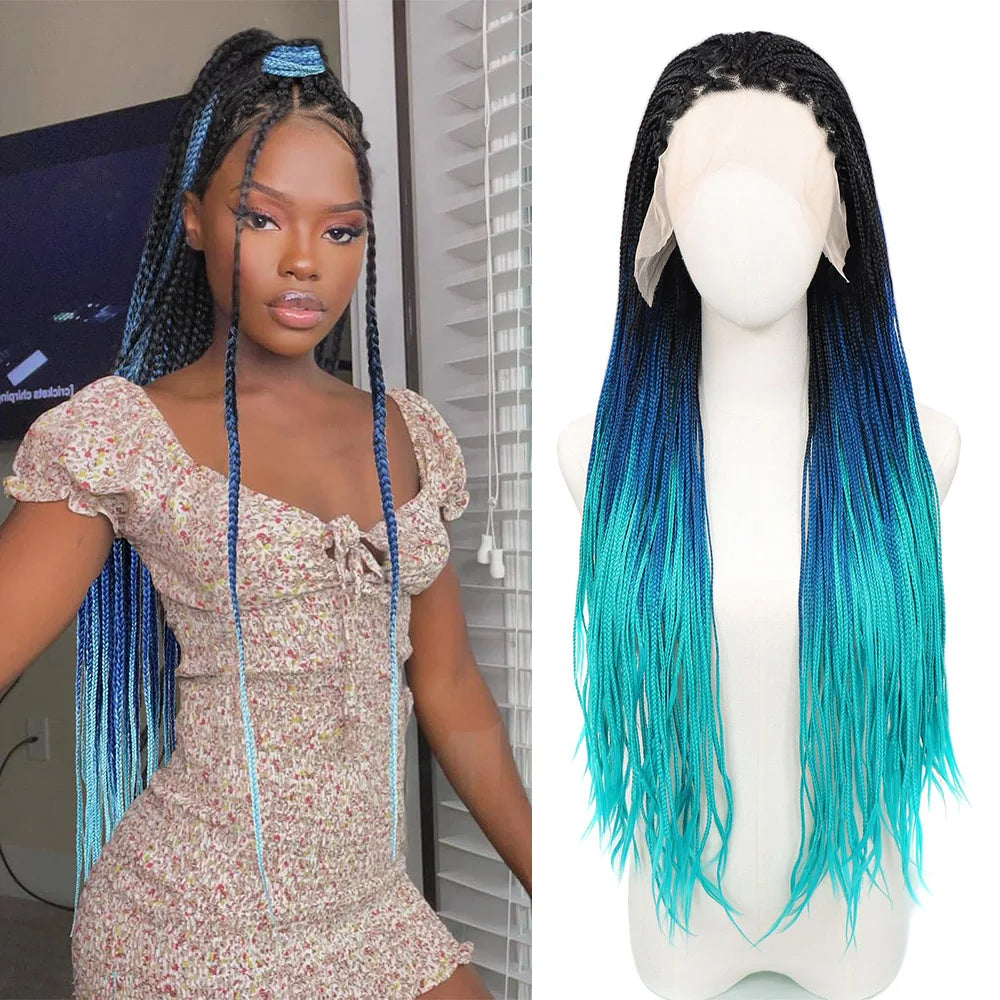 Ombre Blue Box Braided Wigs for Women 26inch Knotless Goddess Box Braid Lace Front Wig Colored Crochet Braid Synthetic Wig