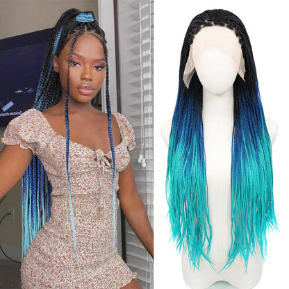 Ombre Blue Box Braided Wigs for Women 26inch Knotless Goddess Box Braid Lace Front Wig Colored Crochet Braid Synthetic Wig