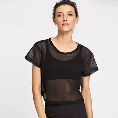 Mesh Yoga Shirt Women Sport Top Short Sleeve T-Shirt Blouse Cover Up Fitness Tank Sportwear Quick Dry Running Gym Clothes Black