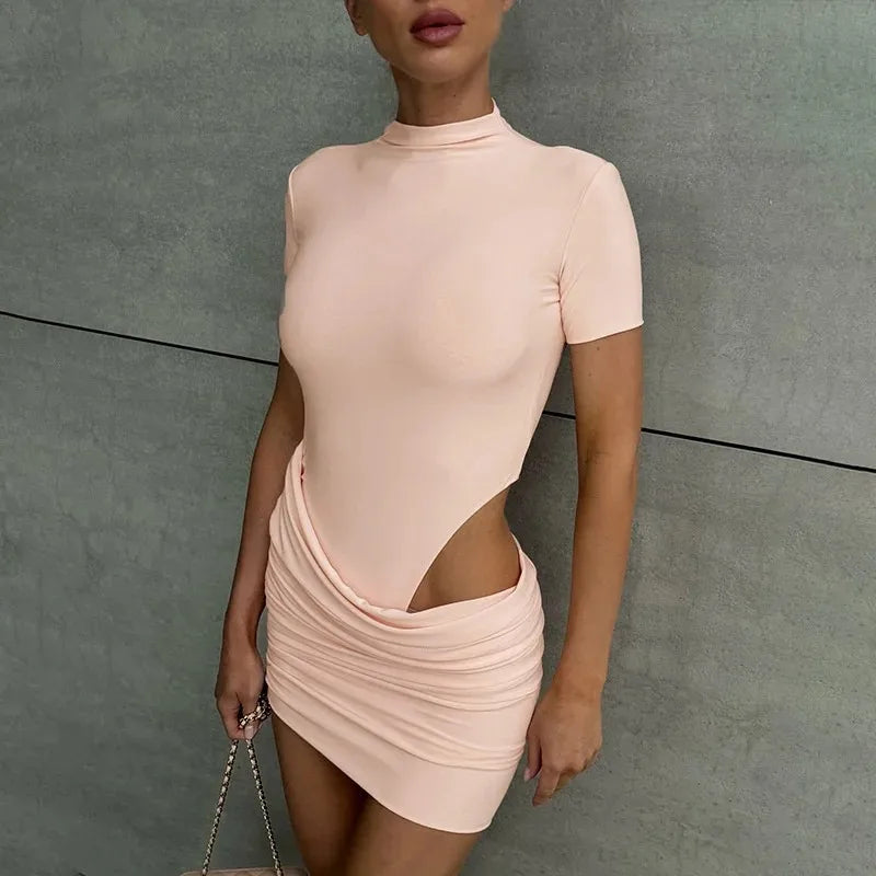 Women Hollow Out Short Sleeve Ruched Sexy Mini Dress for Women Fashion Half High Collar Skinny Club Party Dresses Female