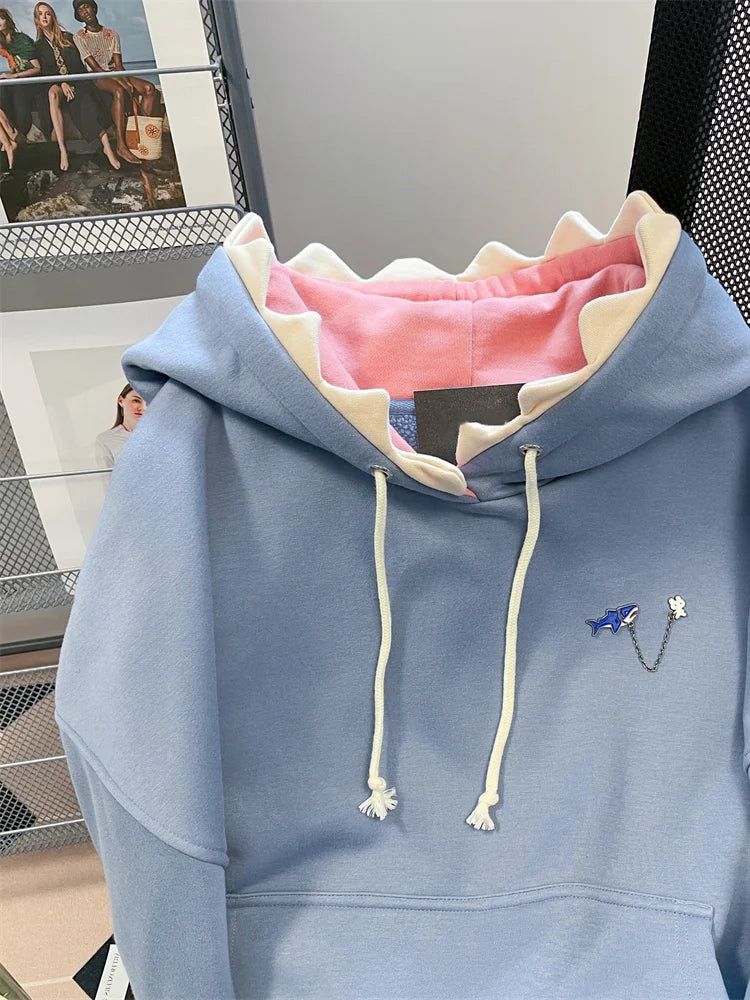 Hikigawa Chic Fashion Women Shark Hooded Sweatshirts Outerwear Autumn New Vintage Casual All Match Hoodies Coats Tosp Mujer