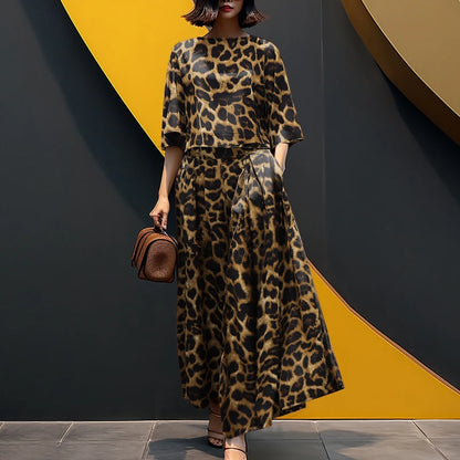 2PCS Vintage Women Matching Sets Leopard Print Tracksuits Autumn Trousers Suit ZANZEA Casual O Neck 3/4 Sleeve Blouse Pant Sets Badiee Stylez