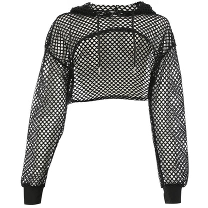 CIBBAR Street Style Fishnet Holes T Shirt See Through Hollow Out Hooded Full Sleeve Crop Top Women Casual Loose Shirt Smock Fall black