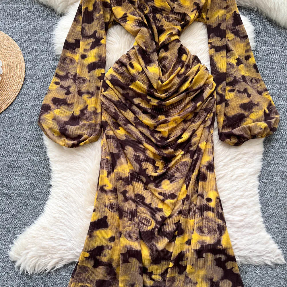 Chic vintage long sleeve Criss-Cross print pleated Elegant Fairy korean fashion dress women clothing Long dress