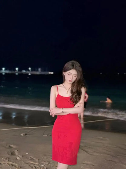 Pure wind red bow hollowed out beautiful back design halter dress female summer sexy slim-fit package hip skirt