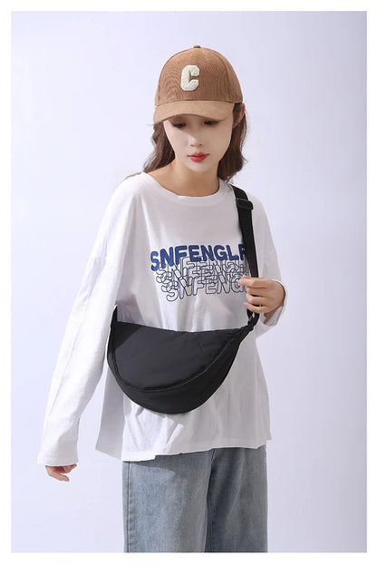 Solid Color Women's Portable Shoulder Bag Simple Female Nylon Cloth Padded Crossbody Bags Travel Purse Handbags Messenger Bag