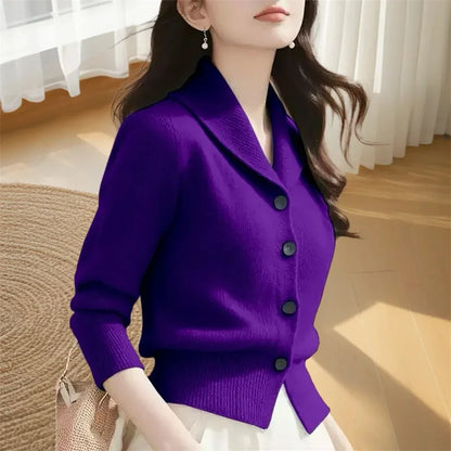 2025 New Spring Autumn Turndown Collar High End Women Knitt Cardigan Sweater Fashion Korean Version Female Knitwear Tops Jacket Purple