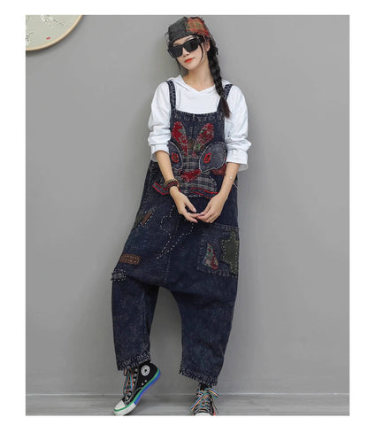Heavy Embroidery Patch High Waist Overalls Women Autumn Fashion Stylish Loose Jumpsuit LX4372 Badiee Stylez