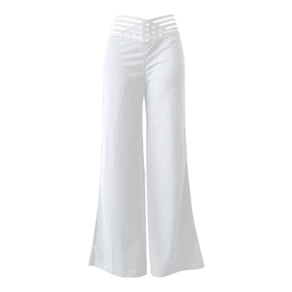 Women Flared Pants Elegant Office Lady Casual High Waist Trousers Spring Summer Solid Crisscross Sheer Mesh Patch Wide Leg Pant Badiee Stylez