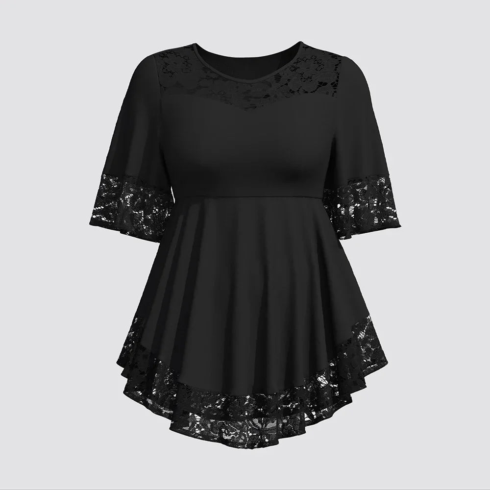 Plus Size Elegant Blouse Women Lace Patchwork Hollow Out Crew Neck Mesh Short Sleeve Office Lady Loose Ruffle Hem Female Blouses