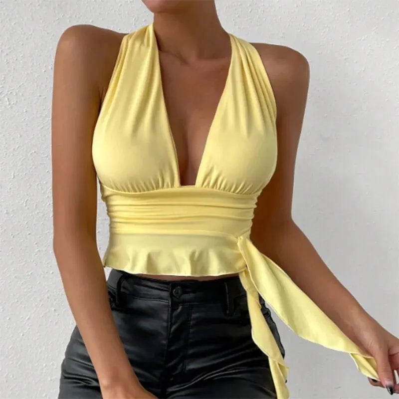 Women's Sexy Tight Fitting Deep V-neck Pleated Top Tight Fitting 2024 Spring Beach Resort Nightclub New Model Women's Sexy Tigh