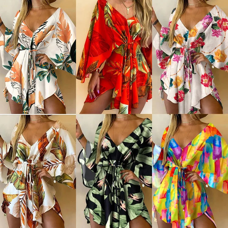 Sexy Women Mini Dress Floral Print V Neck 3/4 Bat Sleeve Lace Up Irregular Hem Casual Loose Beach Cover Up Dress Vestido Mujer
