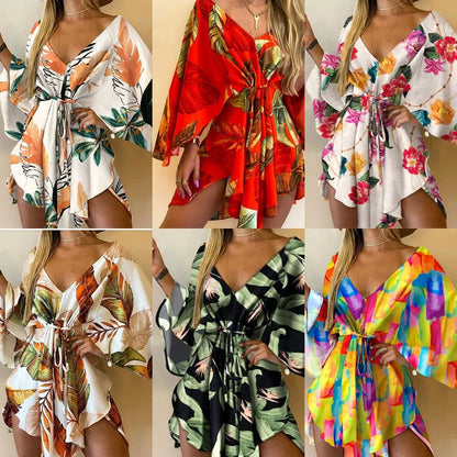 Sexy Women Mini Dress Floral Print V Neck 3/4 Bat Sleeve Lace Up Irregular Hem Casual Loose Beach Cover Up Dress Vestido Mujer