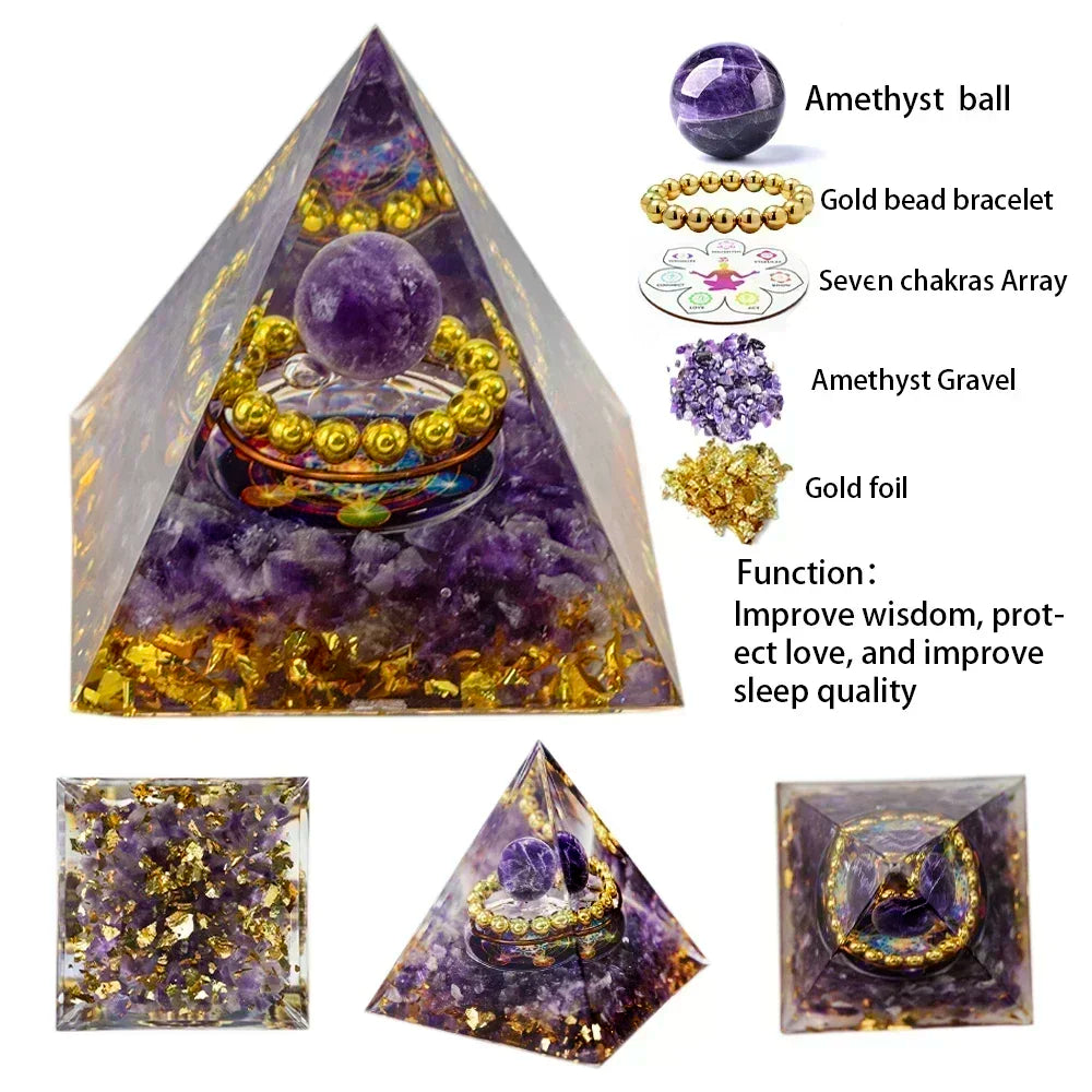 Natural Crystal Energy Generator Pyramid Peridot Amethyst Reiki Healing Chakra Resin Pyramid Egyptian Decor Room Decoration 1pc Amethyst