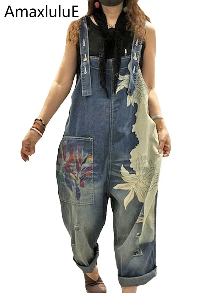 AmaxluluE 2025 Females Fashion Overalls Ladies Summer Printed Denim Pantalons Vintage Casual Jeans Womens Loose Vintage Trousers