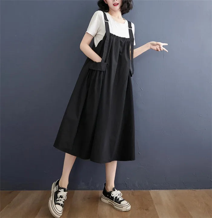 Female Dress Summer Mid-Length Loose Solid Color Pocket Swing Chic Casual Straps Dresses New Women Dress Vestidos Selling