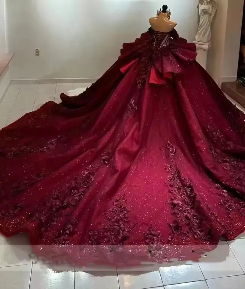 ANGELSBRIDEP Glittering Burgundy Quinceanera Dress Beading Lace Flower Birthday Party Court Train Vestidos De 15 Anos Customized Badiee Stylez