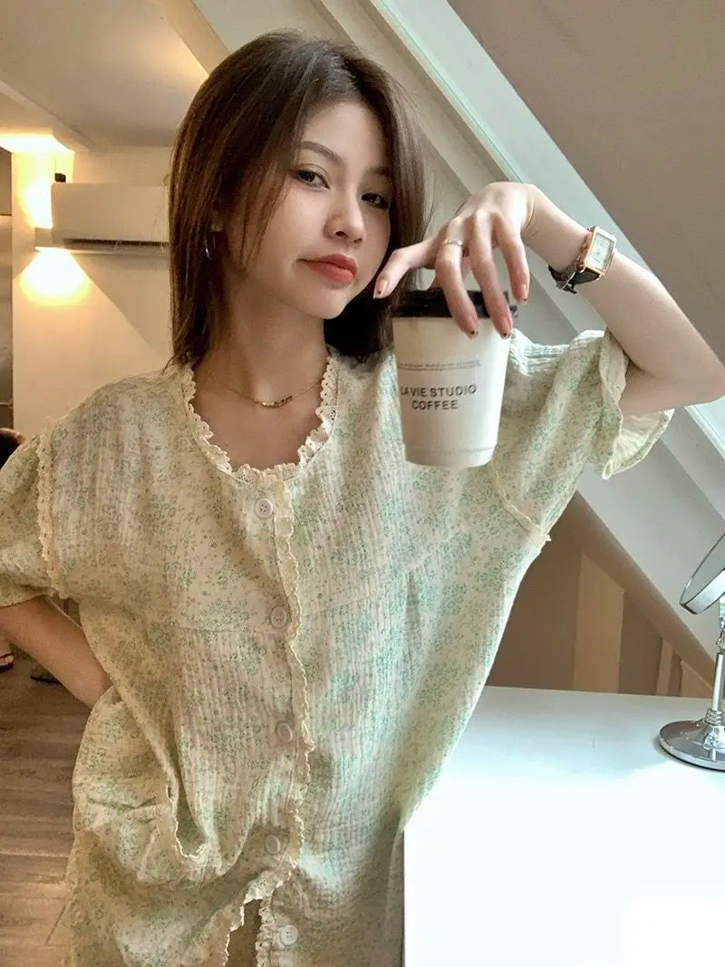 Ruffles Women Pajamas Sets for Home Summer Floral Sleepwear Shorts Sleeve Lace 2 Pieces Button Night Wears Korean Home Suit 2024