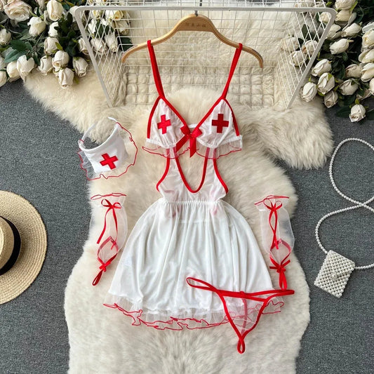 Sexy Cosplay Nurse Uniform Erotic Lingerie Babydoll Dress Flirting Underwear Women Clothes Costume 5 Piece Jumpsuit Dresses White