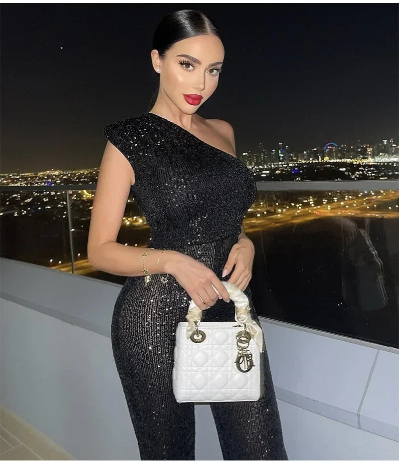 Women Elegant Long Jumpsuits Sexy Glitter Sequin Club Ladies Playsuits Slanted Collar Party Fashion Backless Solid Romper 2024 Badiee Stylez