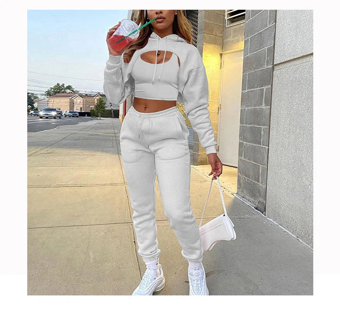 Women 3 Pieces Sets Sweatpants and Hoodie Set Cropped Tops Fleece Pants Suit Tracksuit Fitness Sport Jogger Outfit Clothing