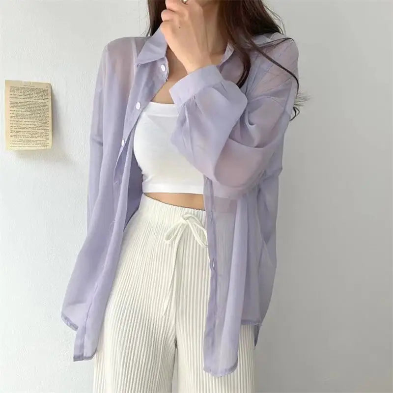 7 Colors Shirts Women Sheer Thin Chic Summer Simple Solid Sun-proof Tops Fashion Baggy All-match Basic Korean Style Sexy Clothes Purple One Size