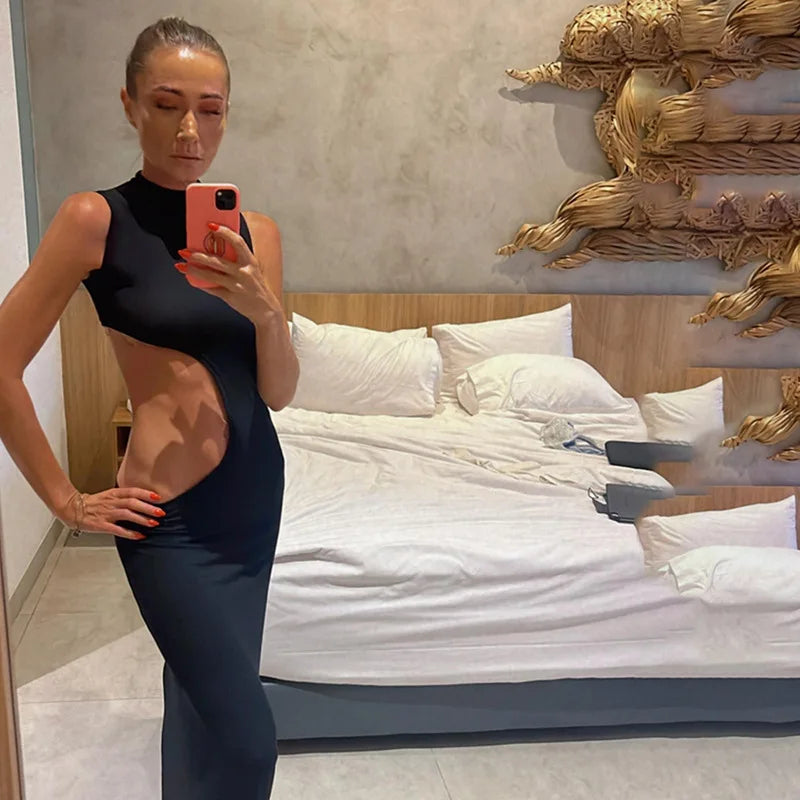 Cryptographic Sexy Cut Out Maxi Dress Outfits for Women Elegant Club Party Bodycon Sleeveless Tank Dresses Vestido Summer Chic