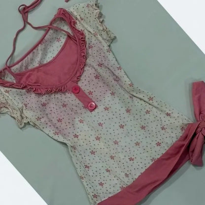 Retro Floral Print Fake Two-piece Short-sleeved T-shirt Women Y2K Millennial Hot Girl Sweet Slim Harajuku Street Casual Top