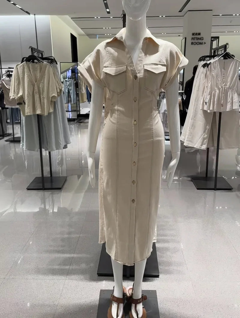 ETJ 2025 summer new TRAF women's elegant fashion waist pleated V-neck short-sleeved temperament denim MIDI dress