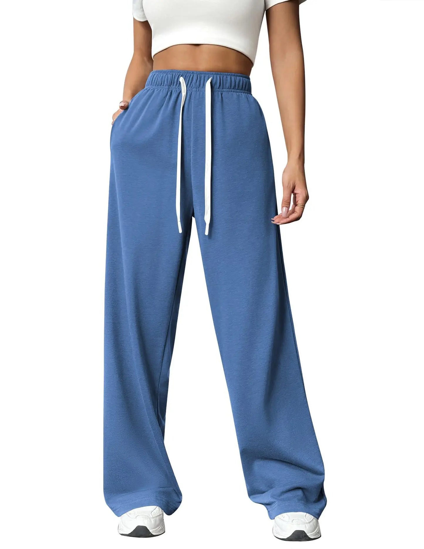 Casual Wide Leg Sports Pants for Women Casual Straight Leg Loose Solid Color Elastic Drawstring High Waisted Wide Leg Pants