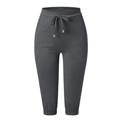 Classic Solid Color Jogging Pants Women Cotton Linen Capris Trousers Bandage Double Pocket Pants Summer Beach Vacation Wear
