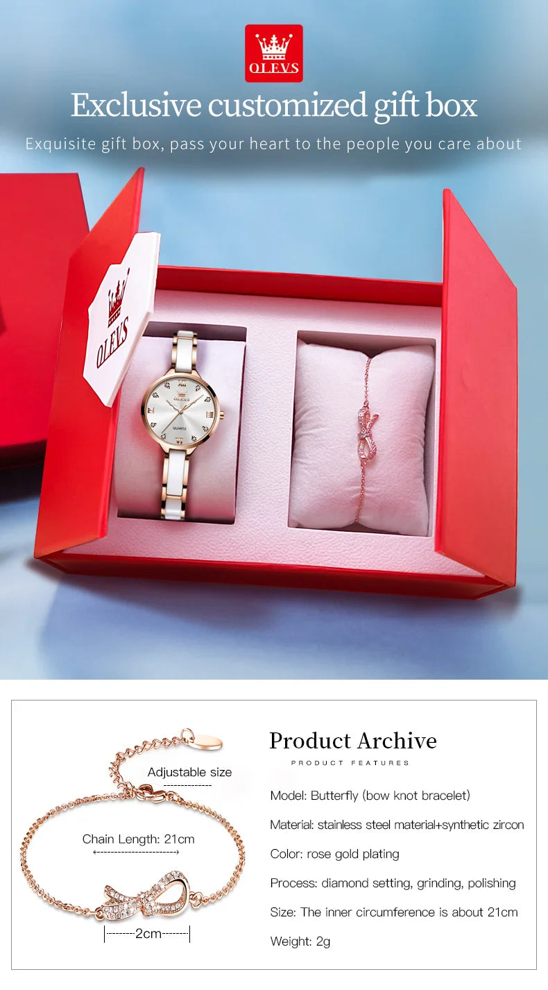 OLEVS 5872 Women Watch Elegant Luxury Original Quartz Watch Waterproof Luminous Ceramic Strap Watches For Women Bracelet Set