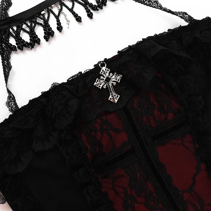 Goth Sexy Lace Corset Crop Tops Camis Y2K Harajuku Aesthetic Black Red Cross Basic Tank Top Summer Women Grunge Emo Streetwear