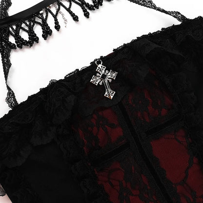Goth Sexy Lace Corset Crop Tops Camis Y2K Harajuku Aesthetic Black Red Cross Basic Tank Top Summer Women Grunge Emo Streetwear