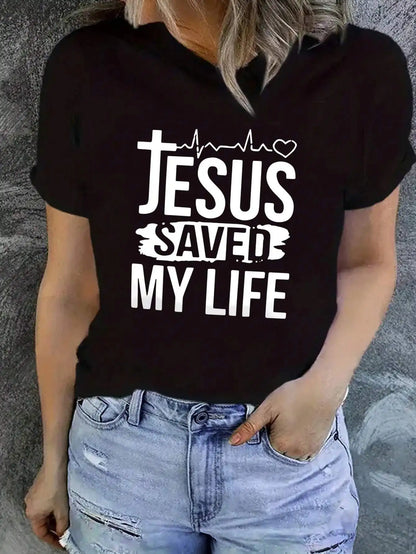 Plus Size Tee JESUS SAVED MY LIFE Graphic Inspirational Faith Based Apparel For Stylish Believers ﻿ black