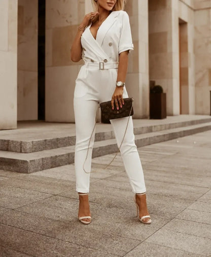 Women Suit Short Sleeve Jumpsuit Slim Fit Fashion Office Lady Spring Summer Elegant Solid Button Sexy High Waist Jumpsuits WHITE