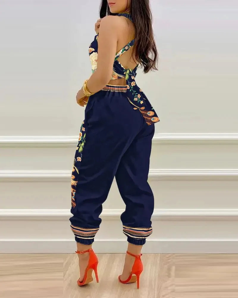 New Summer Fashion Printed Sleeveless Jumpsuit Sexy Hollow Backless Lace Up Long Jumpsuits Elegant Casual Jumpsuit With Pocket Badiee Stylez