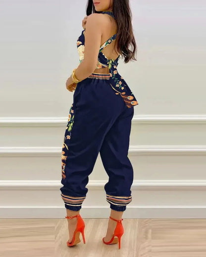 New Summer Fashion Printed Sleeveless Jumpsuit Sexy Hollow Backless Lace Up Long Jumpsuits Elegant Casual Jumpsuit With Pocket Badiee Stylez